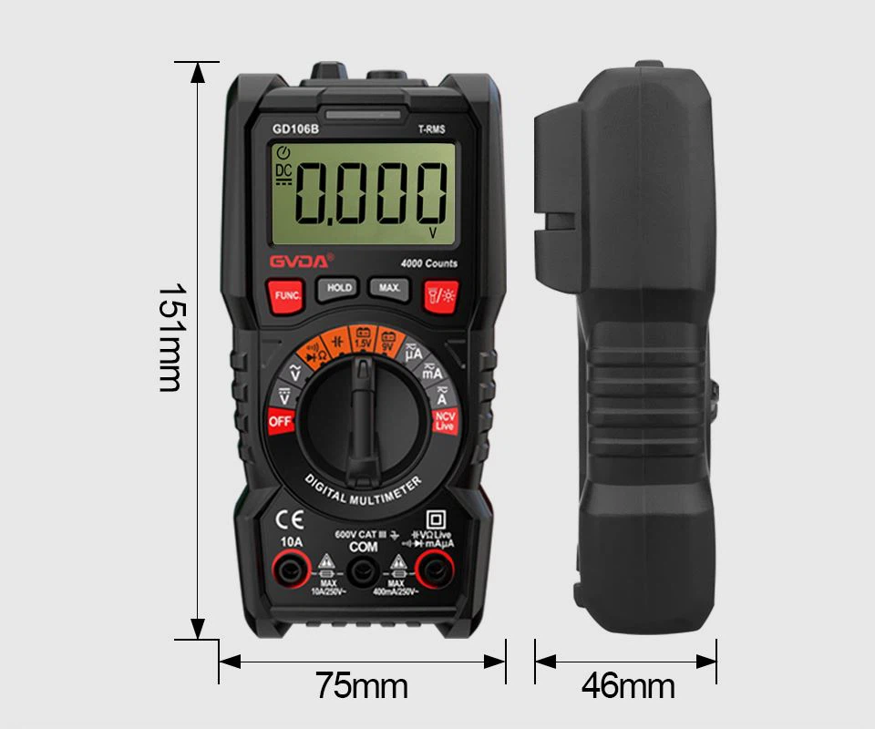 GVDA Professional True RMS Multimetru Digital Auto Range 600V 10A cu 40M Ohmi...